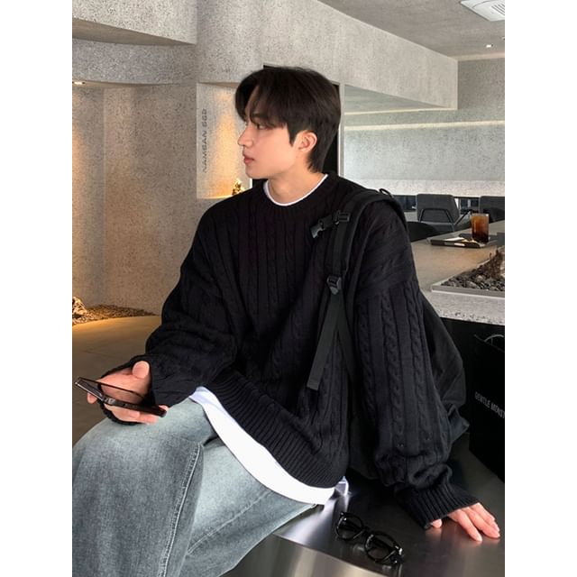 DragonRoad-Crewneck Cable Knit Sweater