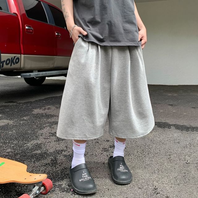 DragonRoad-Drawstring Waist Plain Capri Wide Leg Sweatpants