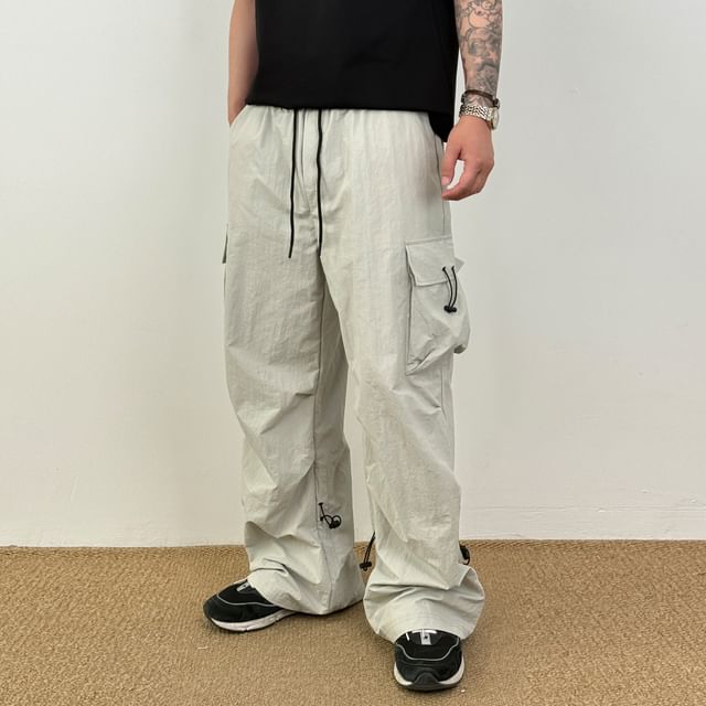 DragonRoad-Drawstring Waist Plain Wide Leg Cargo Pants