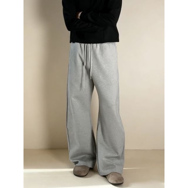 DragonRoad-Drawstring Waist Plain Wide Leg Sweatpants