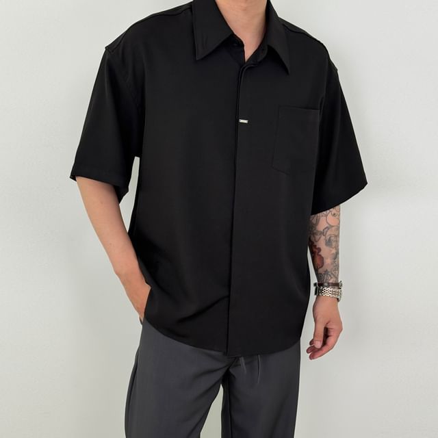 DragonRoad-Elbow-Sleeve Plain Pocket Front Shirt