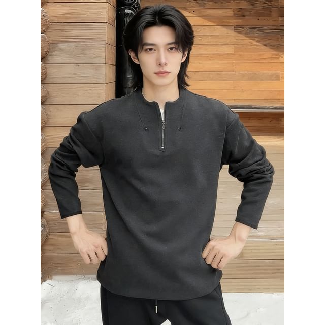 DragonRoad-Half Zip Studded Plain Sweatshirt