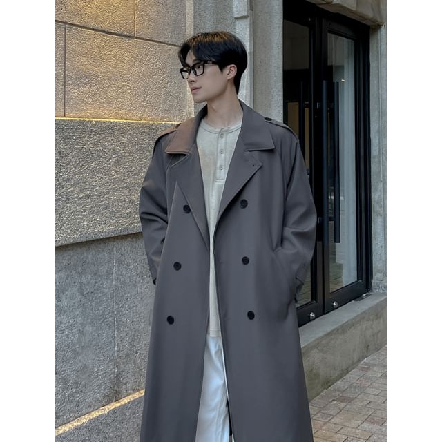 DragonRoad-Lapel Collar Double-Breasted Plain Long Trench Coat