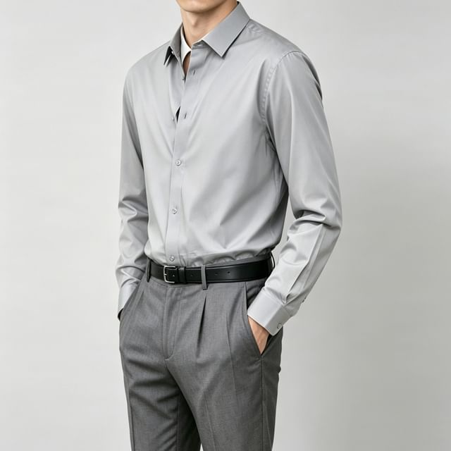 DragonRoad-Long Sleeve Collared Plain Shirt