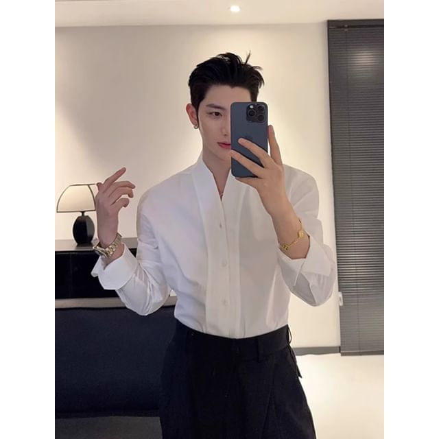DragonRoad-Long-Sleeve Collarless Plain Shirt