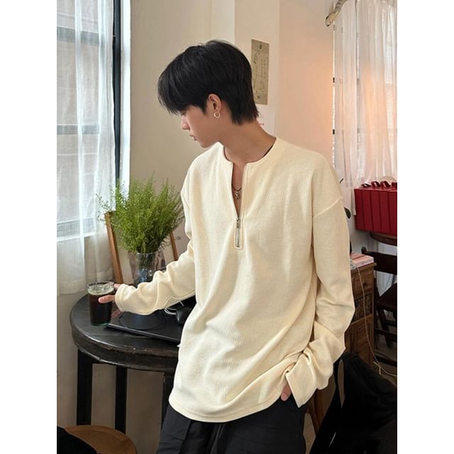 DragonRoad-Long-Sleeve Half zip Waffle Plain Top