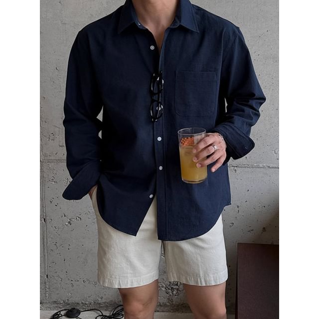 DragonRoad-Long-Sleeve Linen Plain Shirt