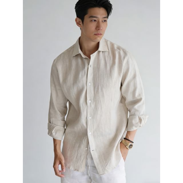 DragonRoad-Long-Sleeve Linen Plain Shirt