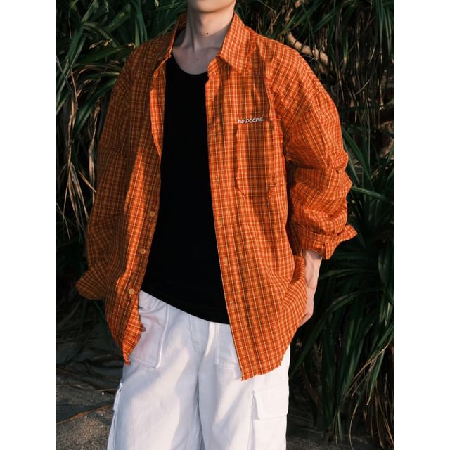 DragonRoad-Long-Sleeve Plaid Button-Up Shirt