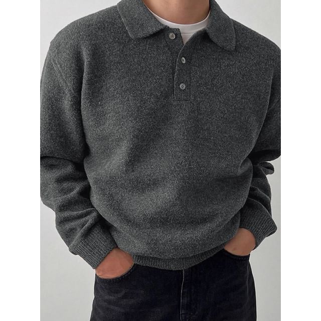 DragonRoad-Long-Sleeve Plain Knit Polo Top