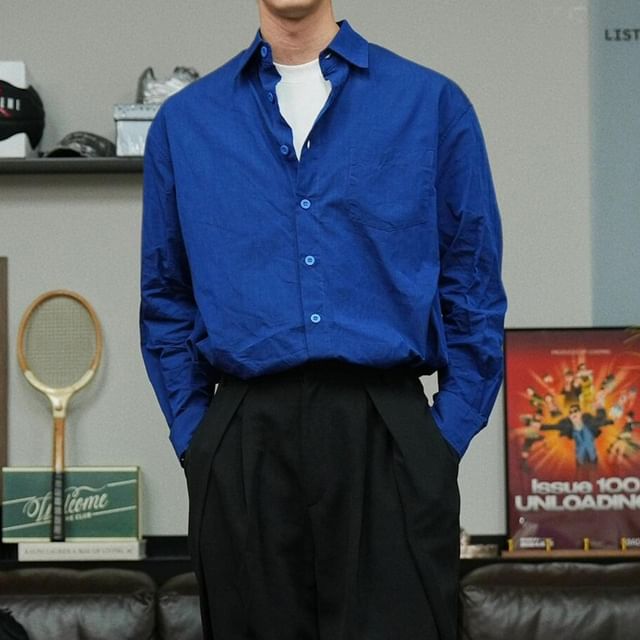 DragonRoad-Long-Sleeve Plain Pocket Front Shirt