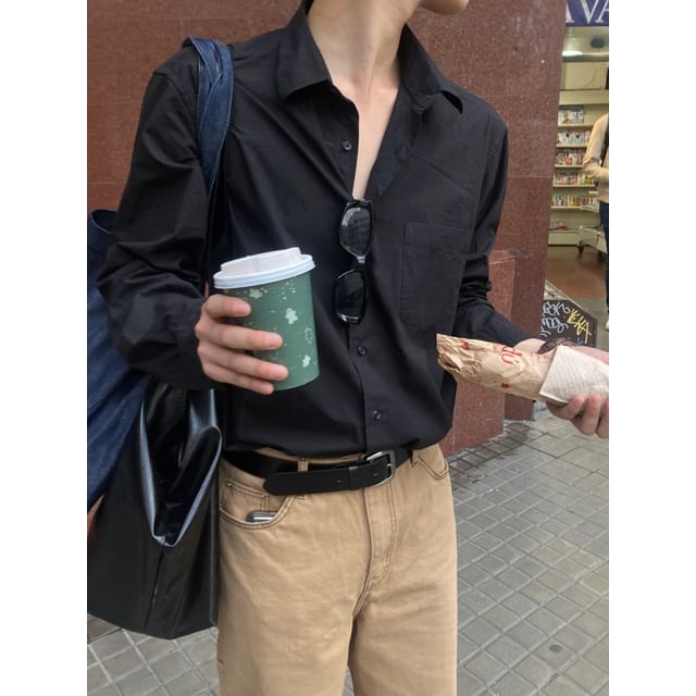DragonRoad-Long-Sleeve Pocketed Plain Shirt