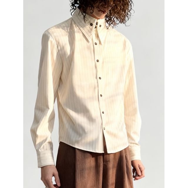 DragonRoad-Long-Sleeve Pointed Collar Striped Shirt