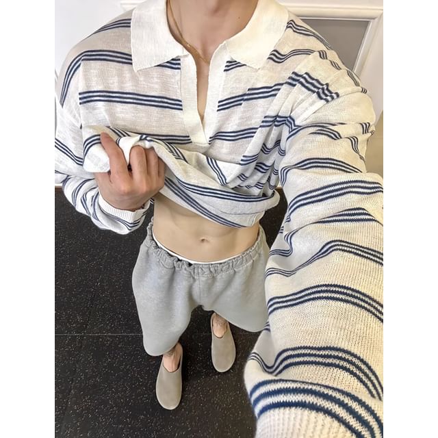 DragonRoad-Long-Sleeve Striped Polo Knit Top