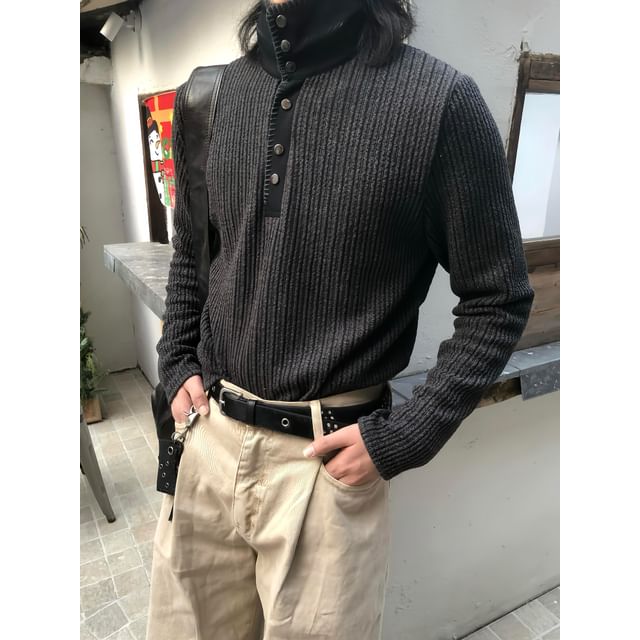 DragonRoad-Long-Sleeve Turtleneck Half Buttoned Plain Knit Top