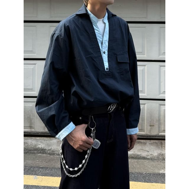 DragonRoad-Long-Sleeve Two Tone Half Buttoned Overhead Shirt