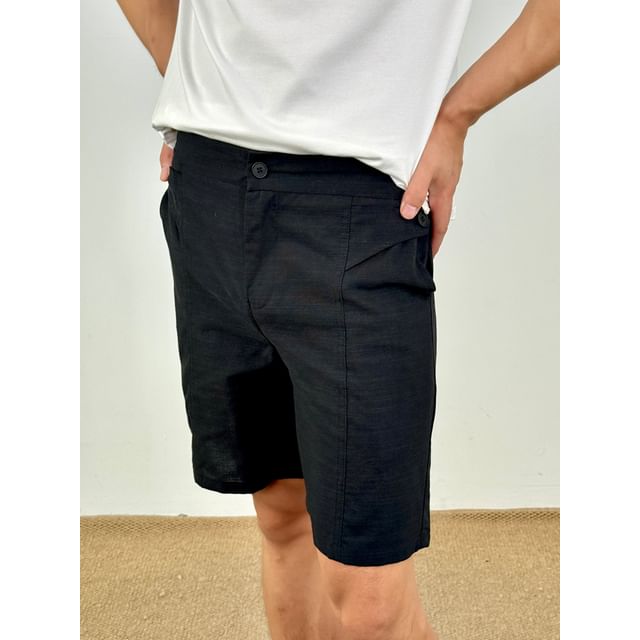 DragonRoad-Mid Rise Plain Linen Shorts