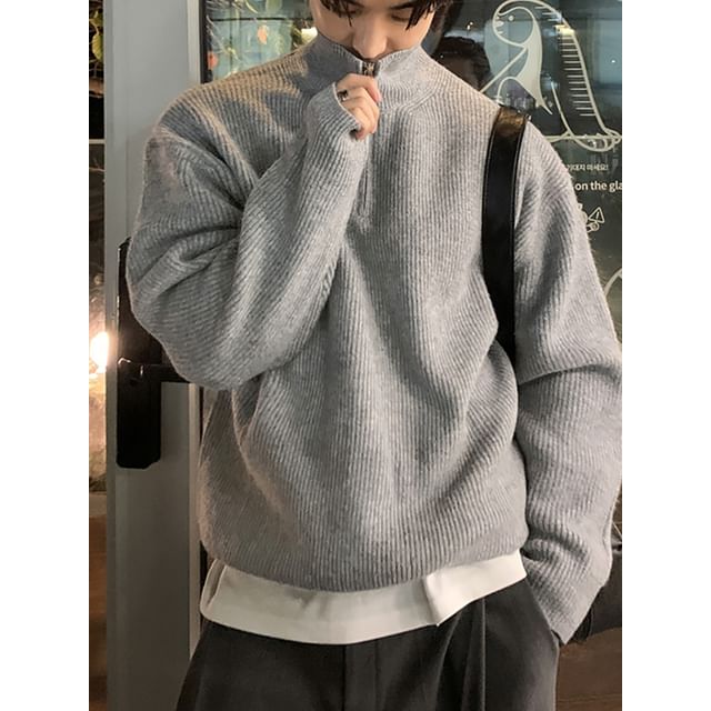 DragonRoad-Mock Neck Half Zip Plain Sweater