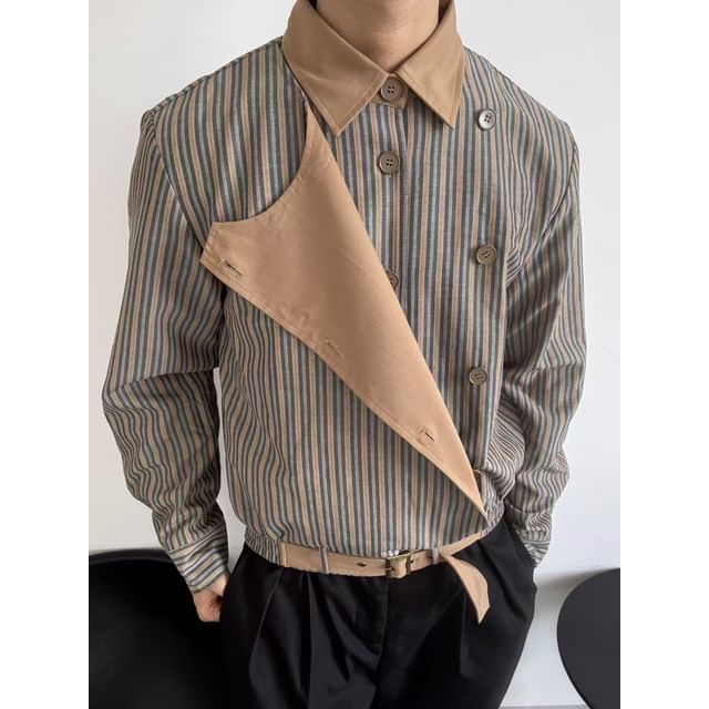 DragonRoad-Mock Two-Piece Double Breasted Striped Jacket