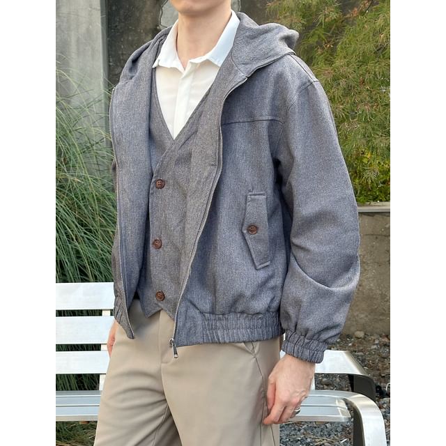 DragonRoad-Mock Two-Piece Hooded Zip-Up Plain Jacket
