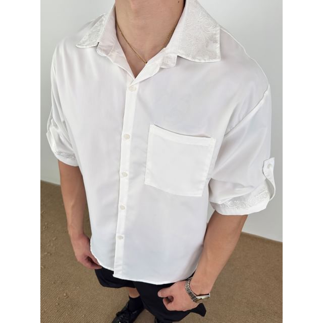 DragonRoad-Rolled-Sleeve Pocketed Plain Shirt