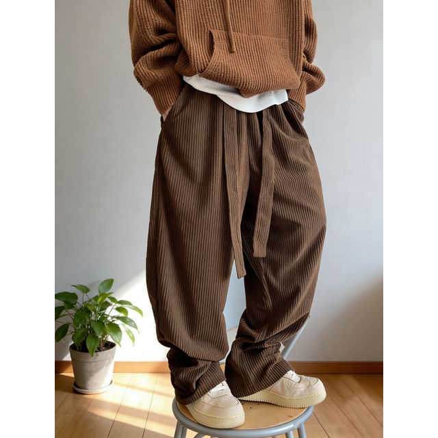 DragonRoad-Sashed Corduroy Plain Wide Leg Pants