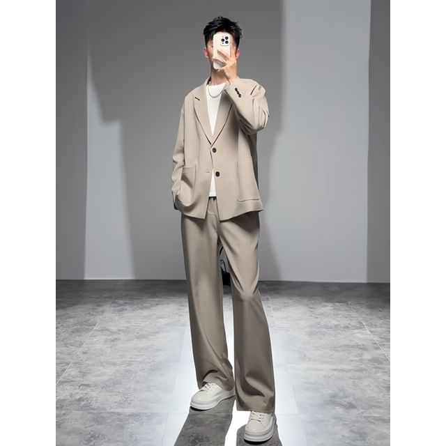 DragonRoad-Set Button-Up Plain Blazer Straight Leg Dress Pants