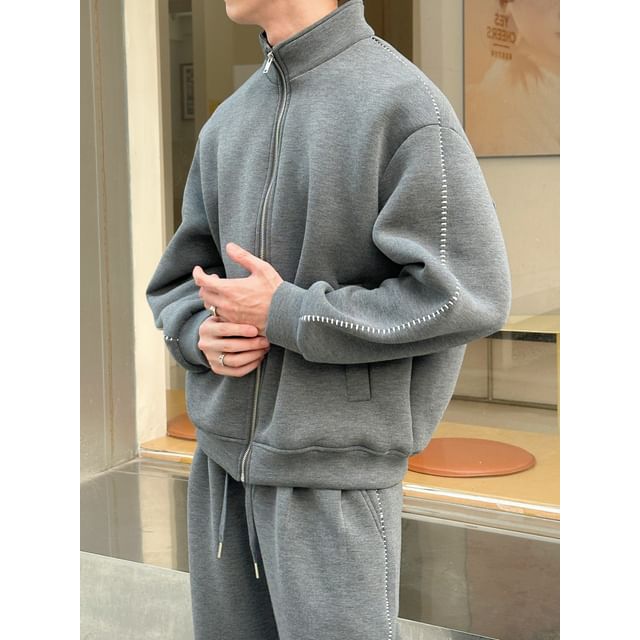 DragonRoad-Set Stand Collar Contrast Stitched Zip-Up Jacket Drawstring Waist Loose Fit Sweatpants