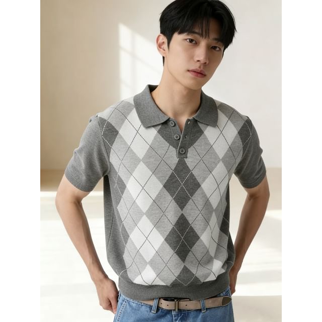 DragonRoad-Short-Sleeve Argyle Knit Polo Top