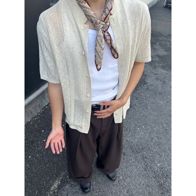 DragonRoad-Short-Sleeve Button-Up Plain Knit Top