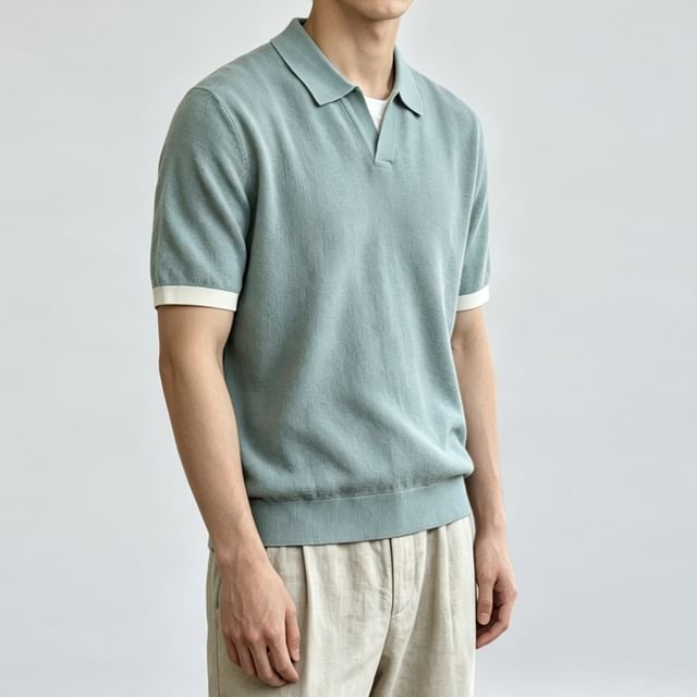 DragonRoad-Short Sleeve Collared Mock Two Piece Knit Top