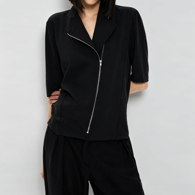 DragonRoad-Short Sleeve Collared Plain Zip Top