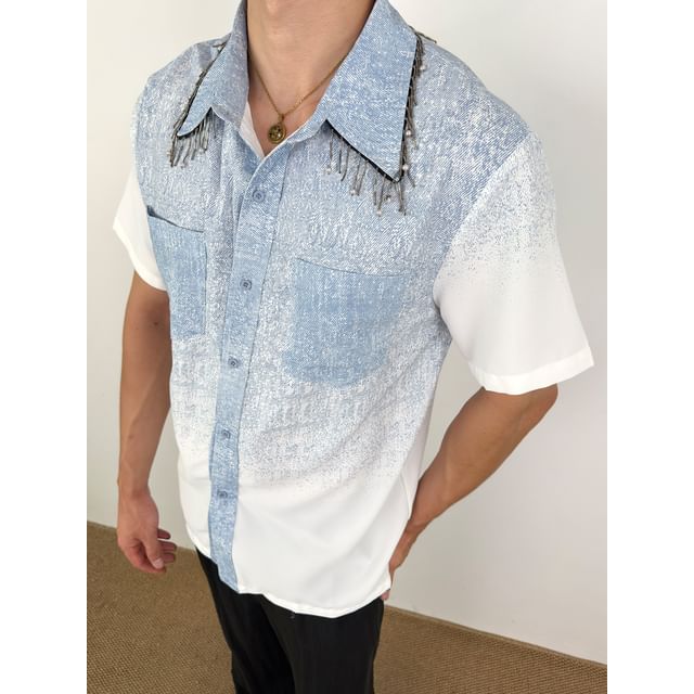 DragonRoad-Short-Sleeve Fringed Gradient Shirt