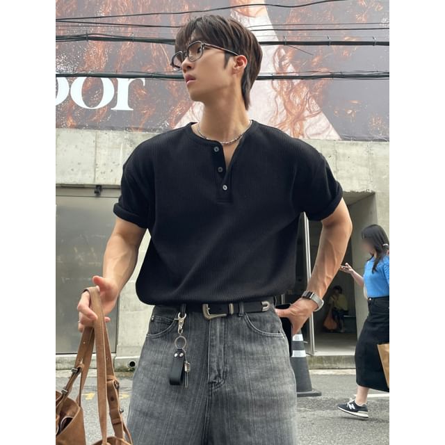 DragonRoad-Short-Sleeve Henley Plain T-Shirt