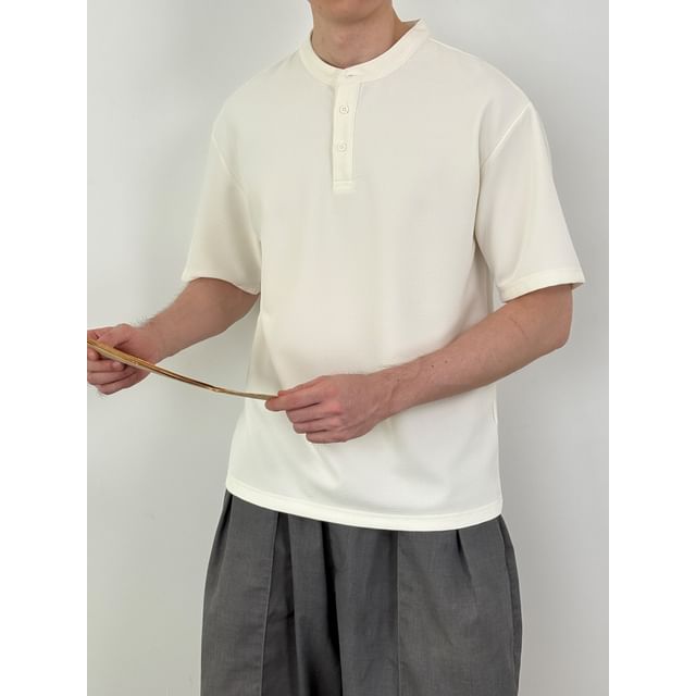 DragonRoad-Short-Sleeve Henley Plain Top