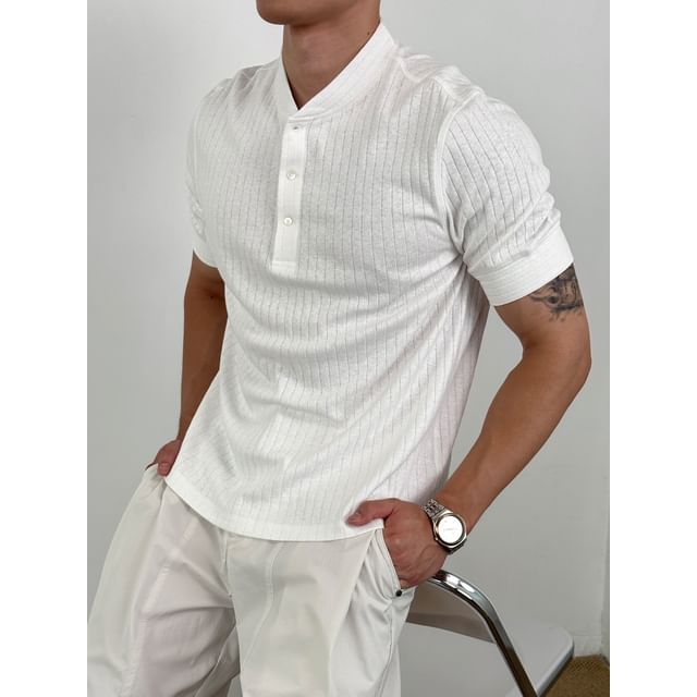 DragonRoad-Short-Sleeve Henley Striped Knit Top