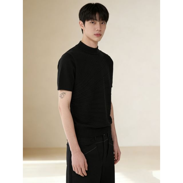 DragonRoad-Short-Sleeve Mock Neck Plain Knit Top