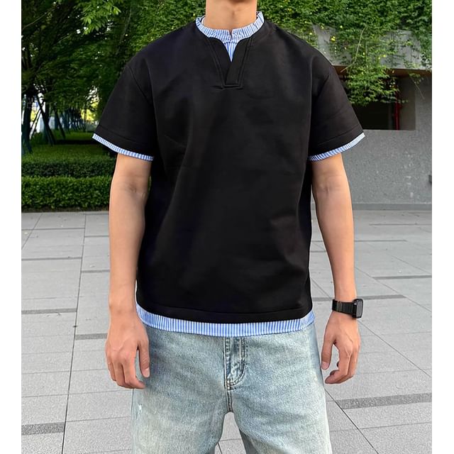 DragonRoad-Short-Sleeve Notch Neck Plain Striped Panel Mock Two-Piece T-Shirt