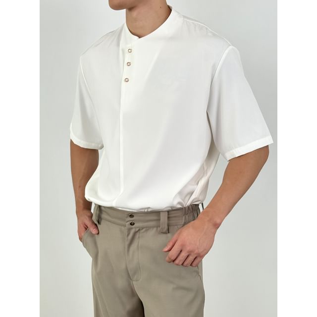 DragonRoad-Short-Sleeve Stand Collar Asymmetrical Plain Top
