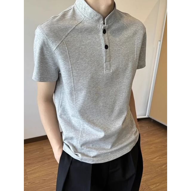 DragonRoad-Short-Sleeve Stand Collar Henley Plain Top