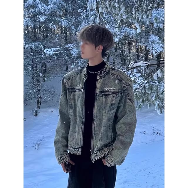 DragonRoad-Stand Collar Denim Zip-Up Jacket