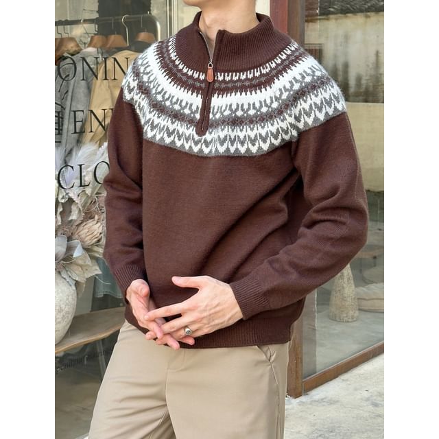 DragonRoad-Stand Collar Jacquard Half-Zip Sweater