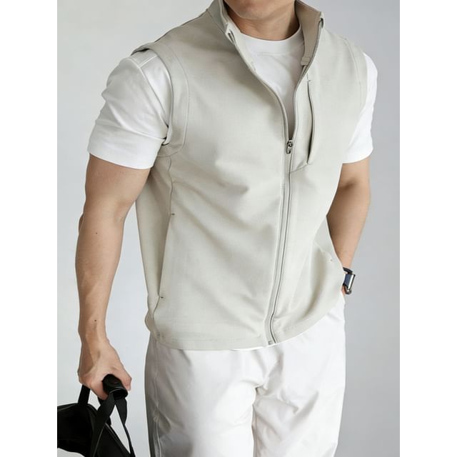 DragonRoad-Stand Collar Plain Zip-Up Vest