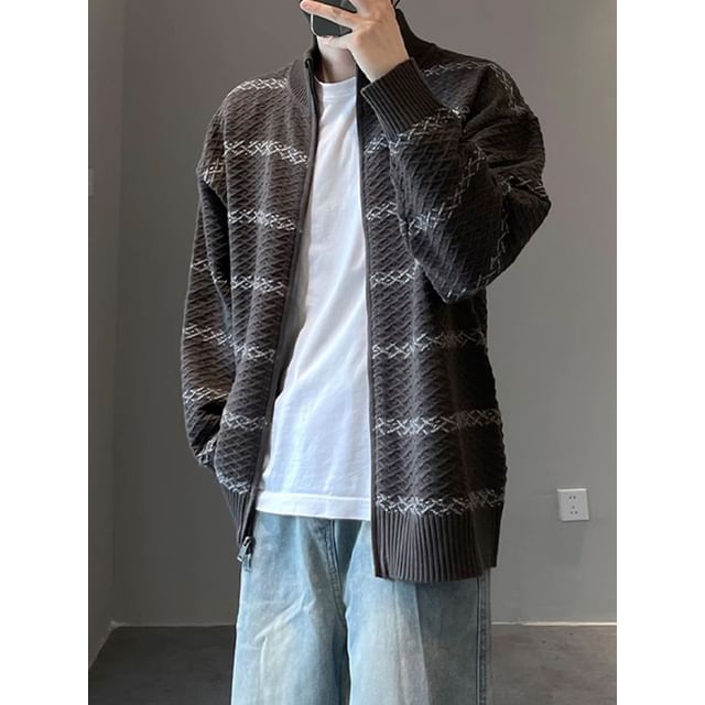 DragonRoad-Stand Collar Striped Zip-Up Cardigan