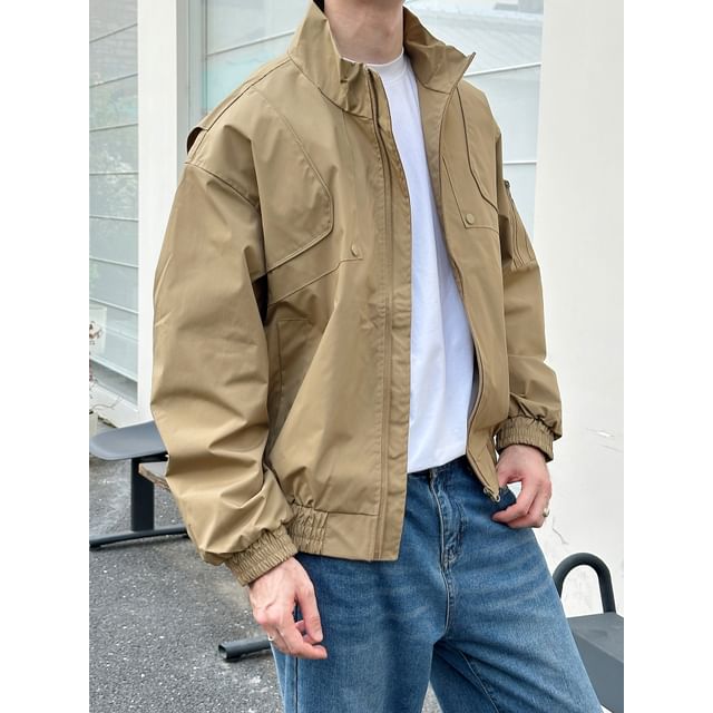 DragonRoad-Stand Collar Zip-Up Plain Bomber Jacket