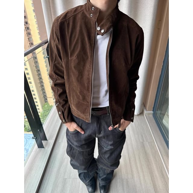 DragonRoad-Stand Collar Zip-Up Plain Faux Suede Jacket