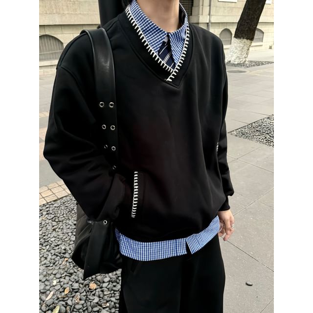 DragonRoad-V-Neck Contrast Stitching Sweatshirt