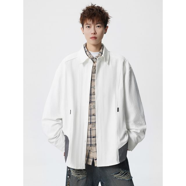 Drawouf-Collared Striped Panel Button Up Shirt Jacket