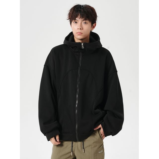 Drawouf-Drop Shoulder Plain Oversized Zip Hoodie