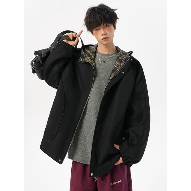 Drawouf-Hooded Plaid Lined Zip Jacket